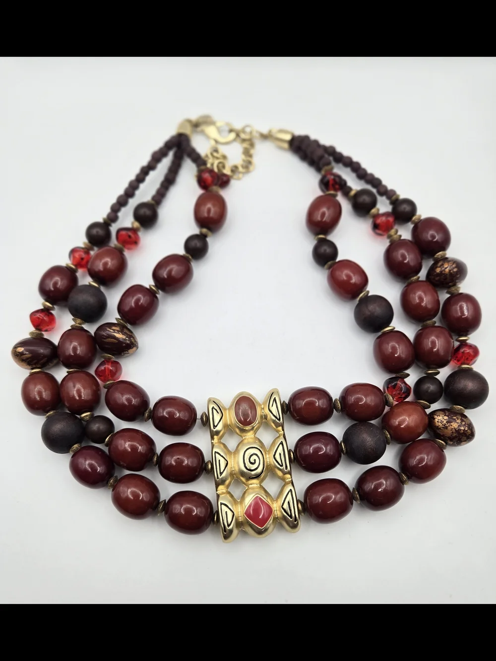 Chico's MultiStrand Burgundy Red Gold Statement Necklace Tribal Focal Chunky Bib